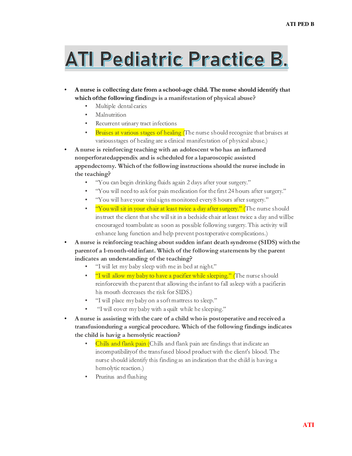 Preview of Nursing ATI Pediatric practice B complete updated 2021 questions and answers (100% Satifie